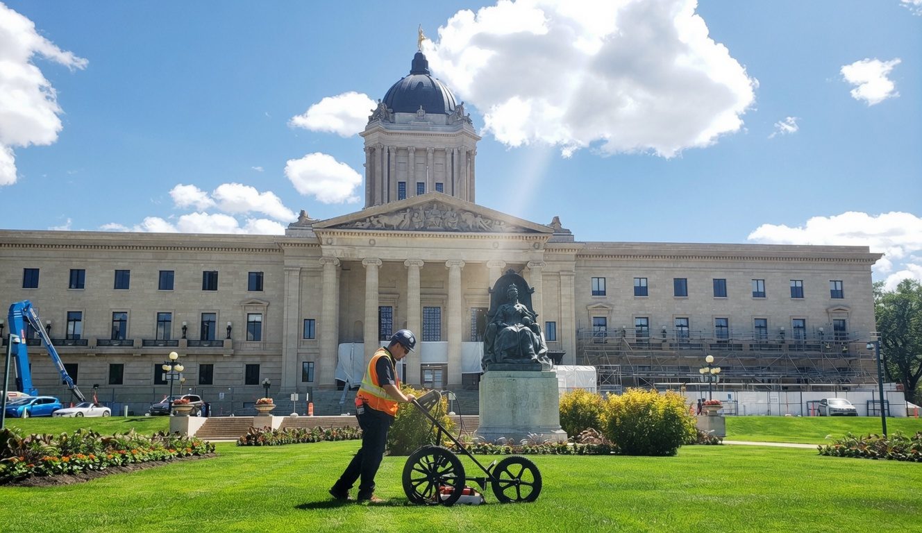 Structure Scan technician using a GPR cart on the Manitoba Legislative Building grounds