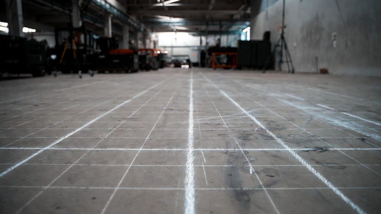 Warehouse floor gridded in white chalk ahead of a concrete scan