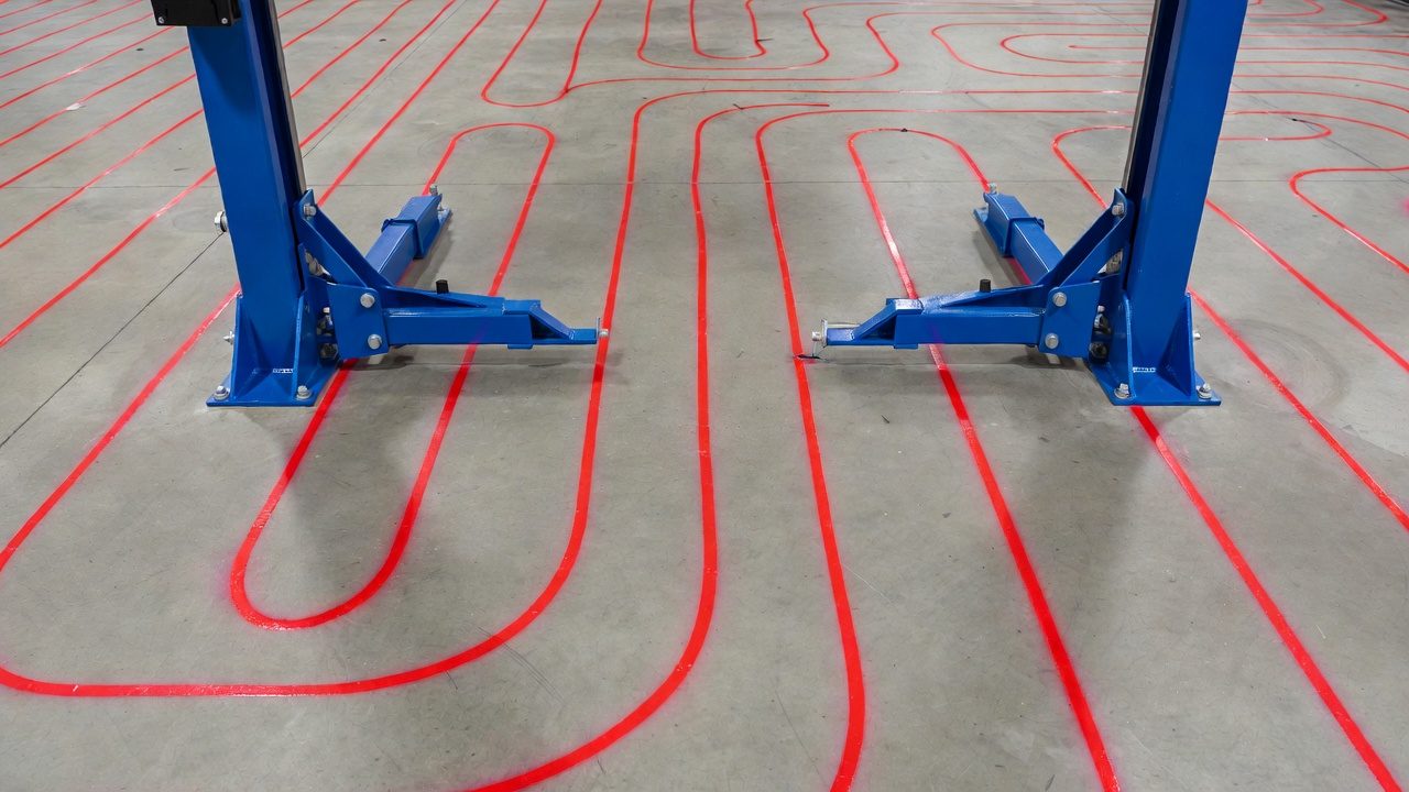 In-floor heating loops marked in red around vehicle lifts