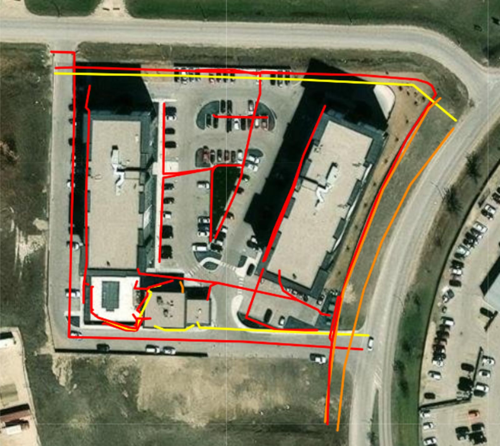 Utility map showing services around a pair of commercial buildings